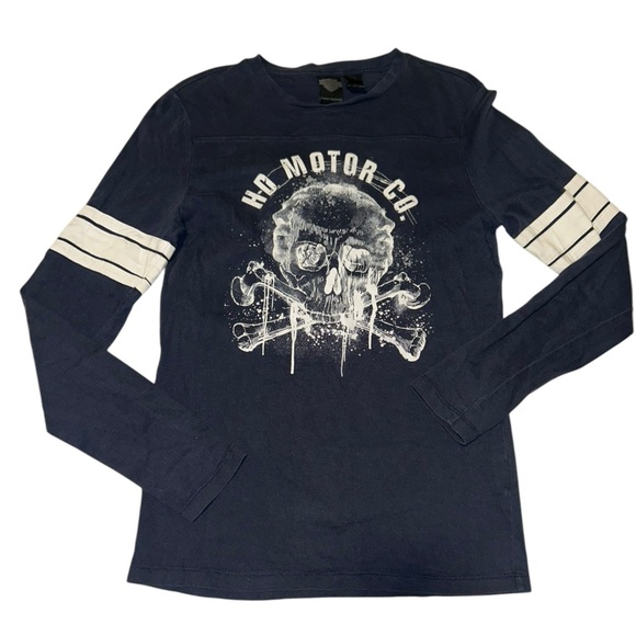 Harley-Davidson Long Sleeve Shirt Small Navy Graphic Skull Print Striped Arms - Picture 2 of 5
